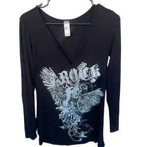 S-Twelve 12 Top Womens Large Black‎ Rock Beaded Embellished Edgy Guitar Angel